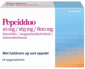 Pepcidduo 10/165/800 mg tyggetabletter 24 stk