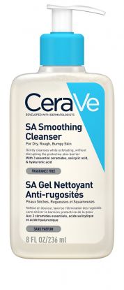 CeraVe SA Smoothing Cleanser eksfolierer, jevner ut og mykgjør tørr, grov og nuppete hud på kroppen og i ansiktet.