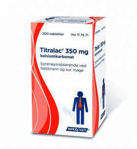 Nycomed Titralac 350 mg kalsiumkarbonat, syrenøytraliserende ved halsbrann og sur mage.