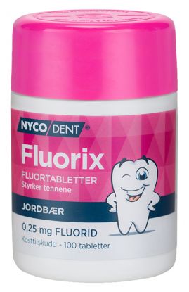 Nycodent Fluorix flourtabletter som styrker tennene. Tablettene har 0,25 mg fluorid og boksen inneholder 100 tabletter med jordbærsmak
