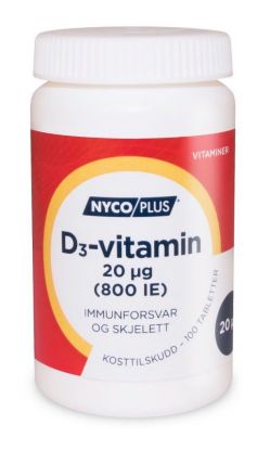 Nycoplus D3-vitamin 20mcg tabletter 100stk Bidrar til et normalt immunforsvar og skjelett, øker opptak av kalsium
